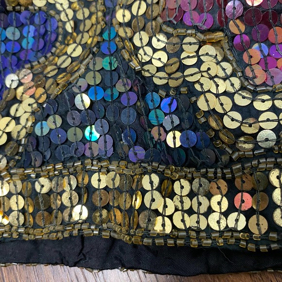Vintage SNF Silk Sequin Shorts Quatrefoil Flower Glitz Glam Black Gold Peacock - Picture 6 of 7